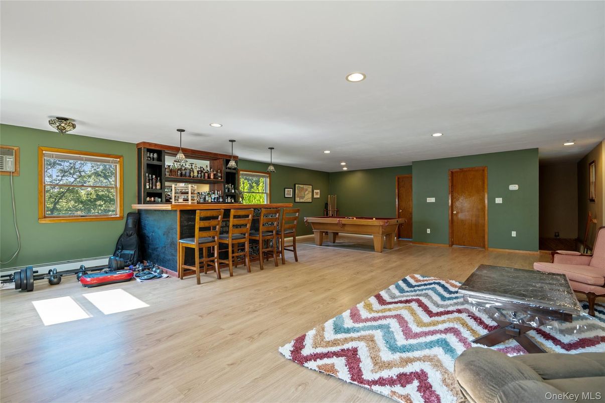 Billiard Table, Game Room, Interior, Pendant Lights, Recessed Lighting, Wood Texture Flooring