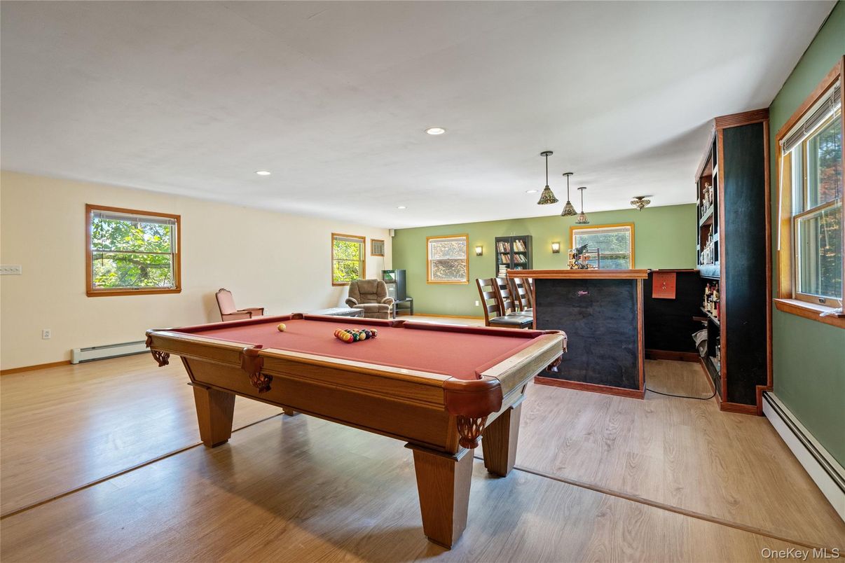 Billiard Table, Game Room, Interior, Pendant Lights, Recessed Lighting, Wood Texture Flooring