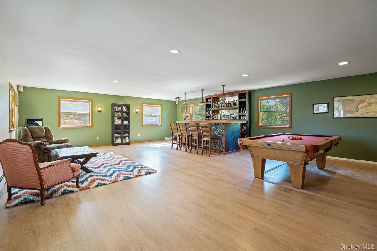 Billiard Table, Game Room, Interior, Pendant Lights, Recessed Lighting, Wood Texture Flooring