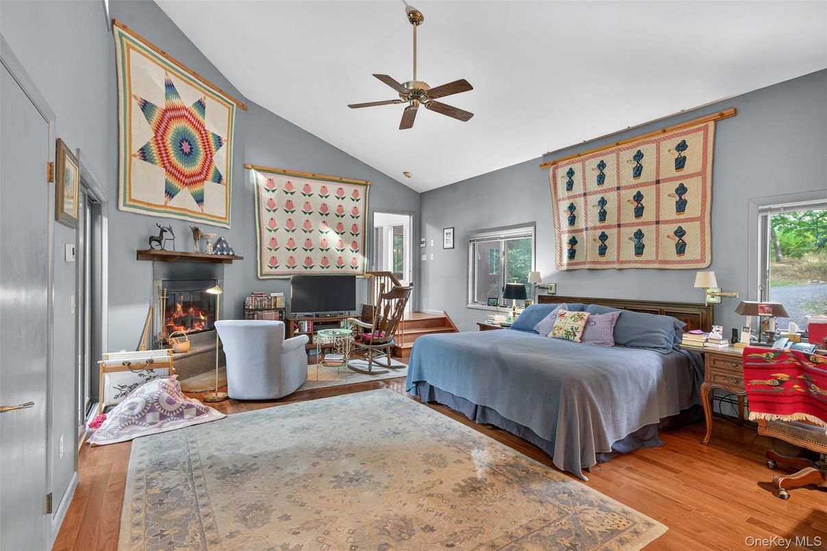 Bedroom, Fireplace, Interior, Wood Texture Flooring