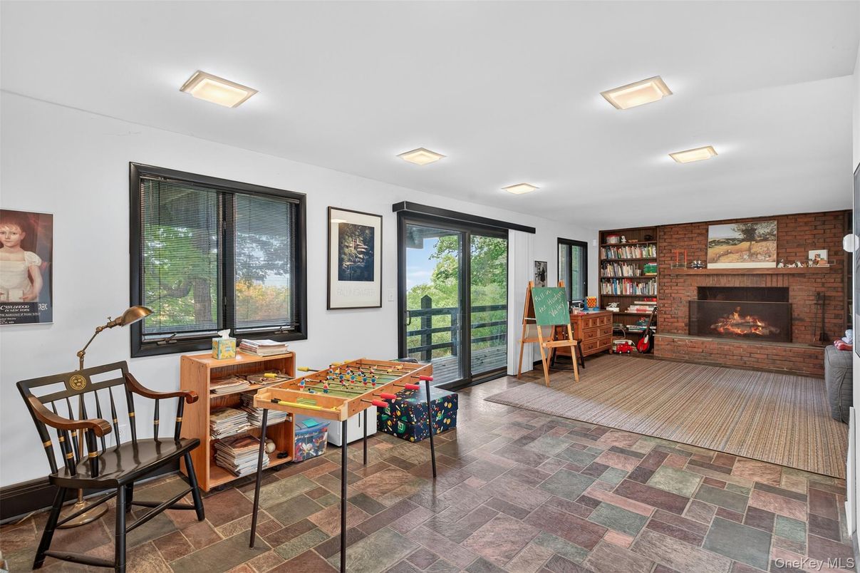 Fireplace, Interior, Recessed Lighting, Stone Walls