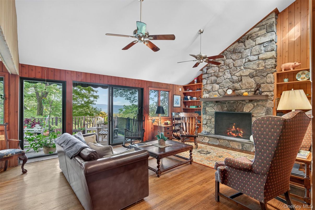 Fireplace, Interior, Living room, Stone Walls, Water, Wood Texture Flooring, Wooden Walls