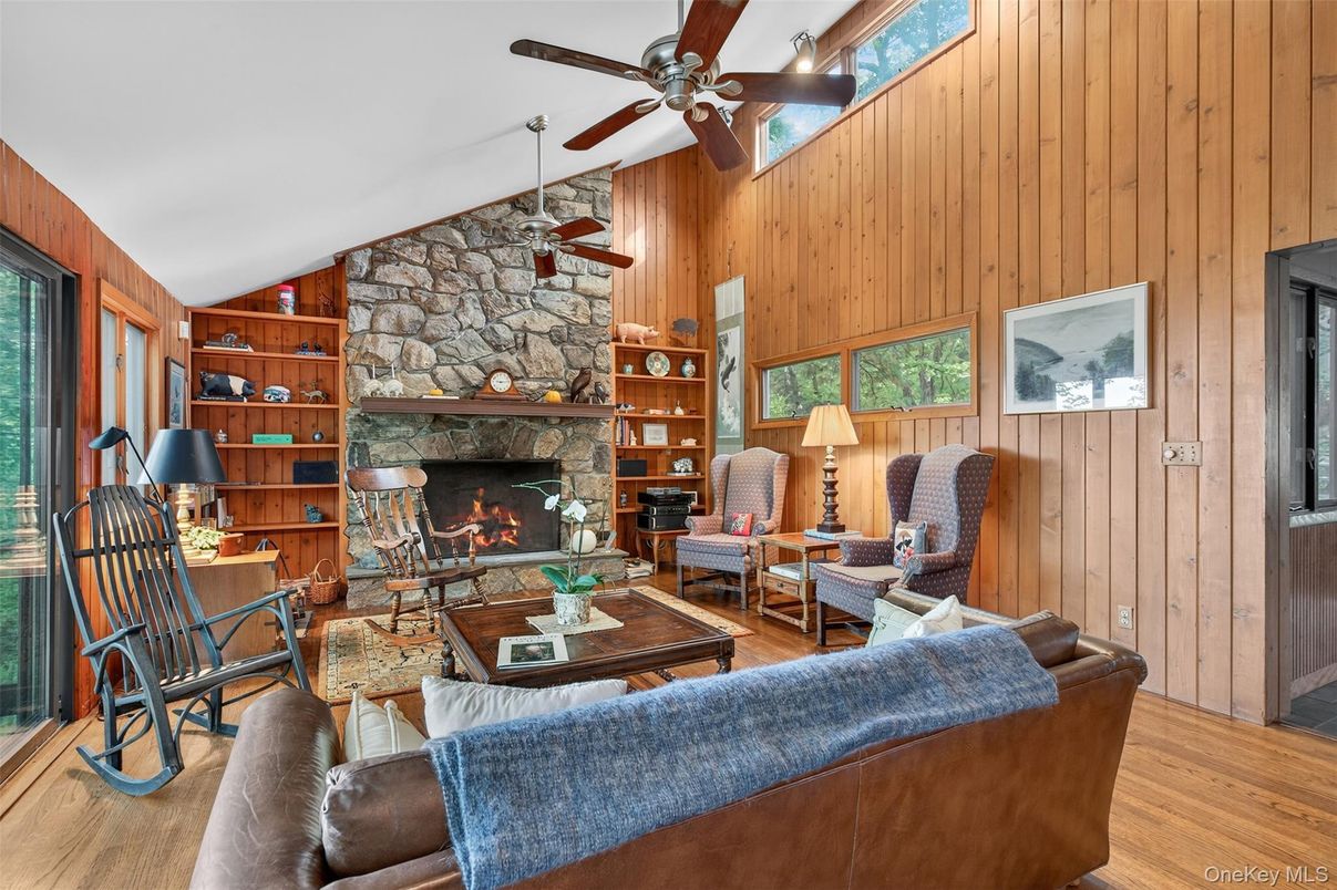 Fireplace, Interior, Living room, Stone Walls, Wood Texture Flooring, Wooden Walls