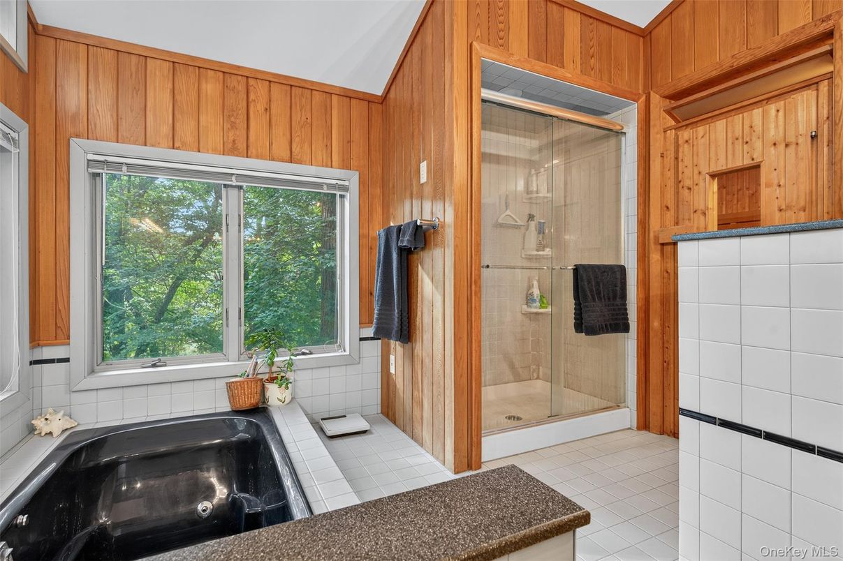 Bathroom, Glass Shower, Interior, Tile Countertops, Wooden Walls