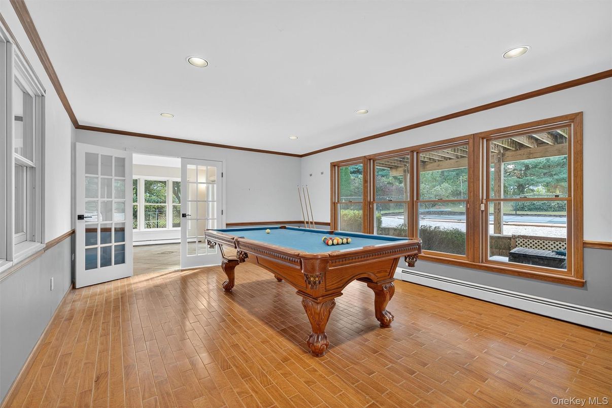 Billiard Table, Game Room, Interior, Recessed Lighting, Wood Texture Flooring