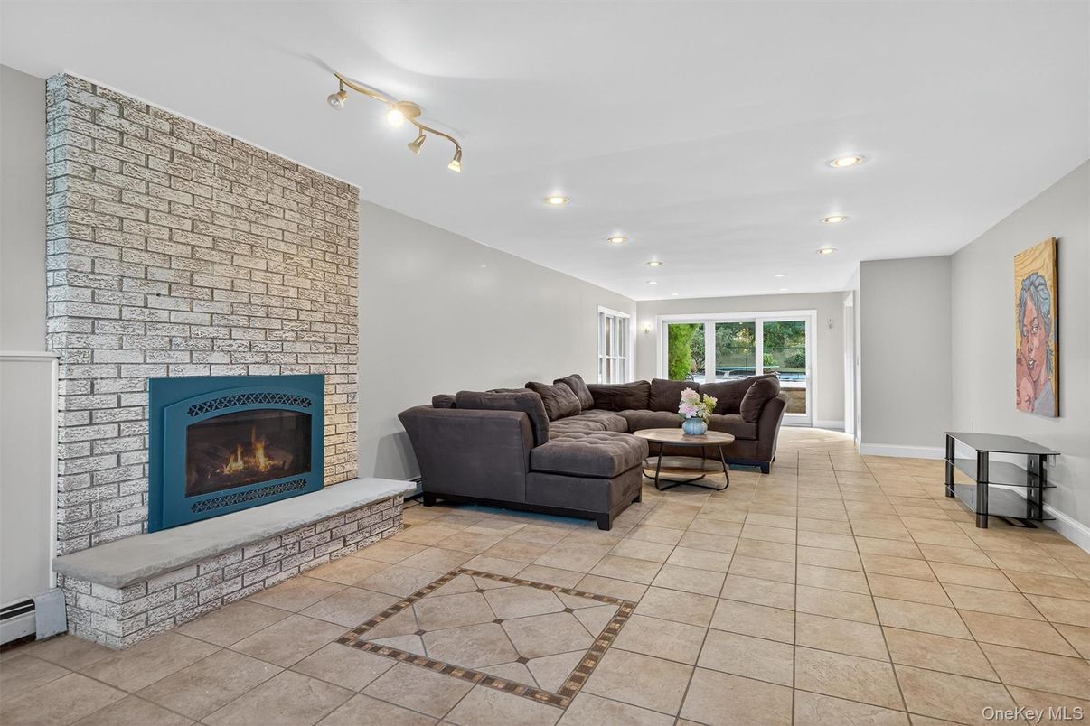 Fireplace, Interior, Living room, Recessed Lighting, Stone Walls