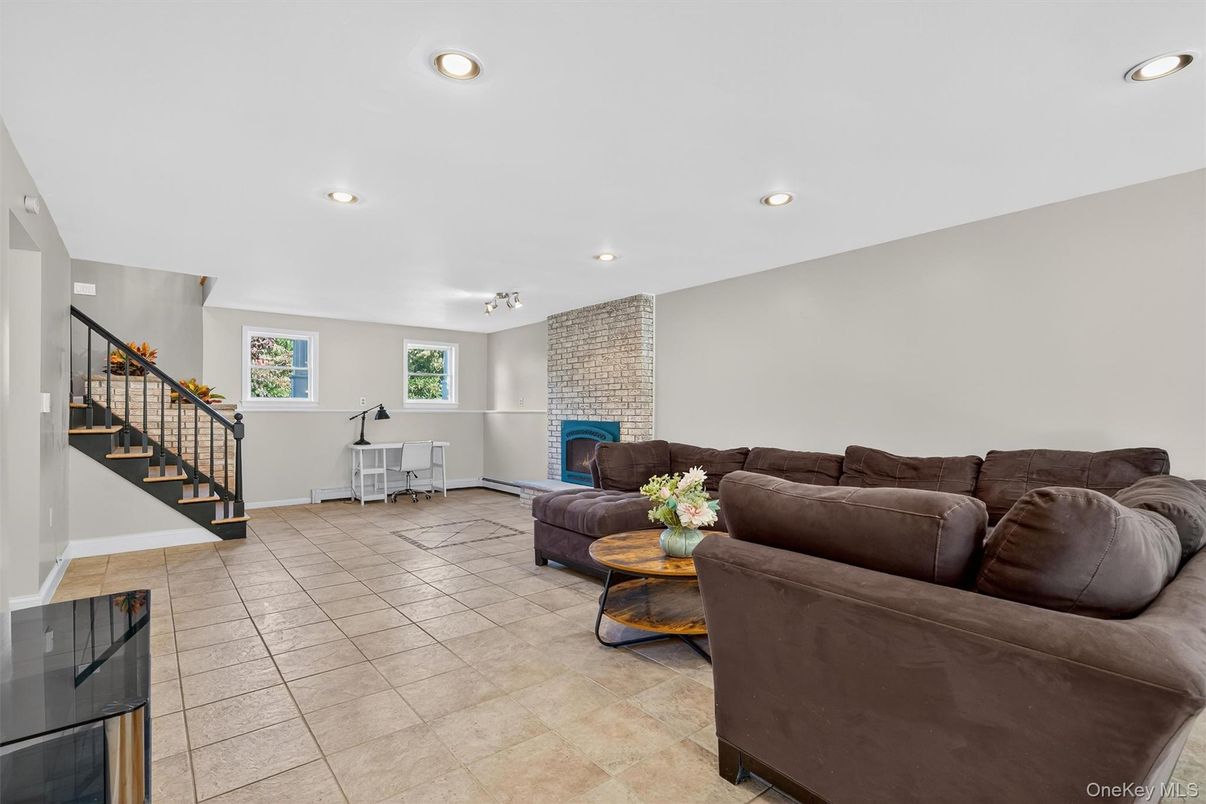 Fireplace, Interior, Living room, Recessed Lighting, Stone Walls