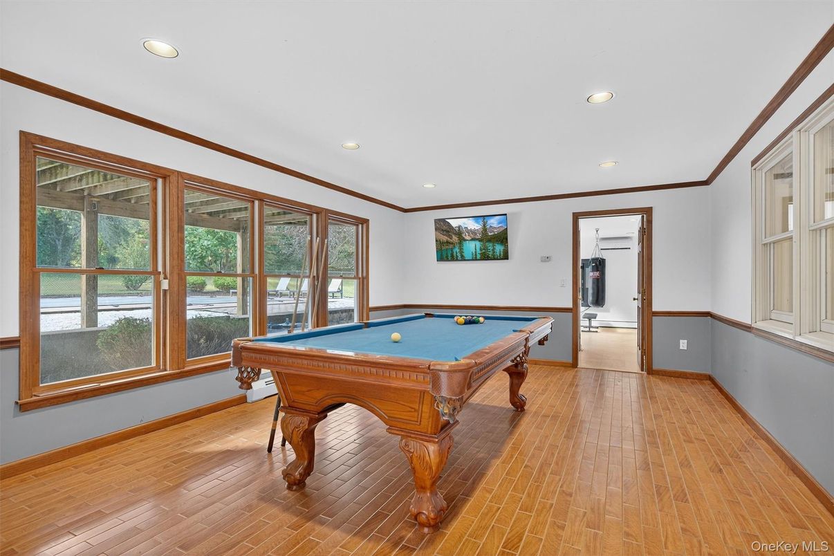 Billiard Table, Game Room, Interior, Recessed Lighting, Wood Texture Flooring