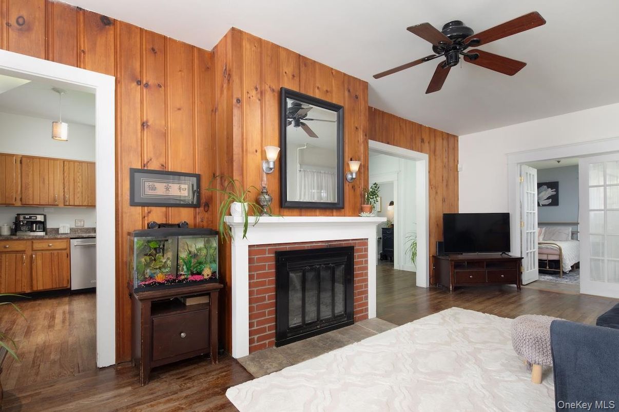 Fireplace, Interior, Kitchen, Pendant Lights, Wood Texture Flooring, Wooden Walls
