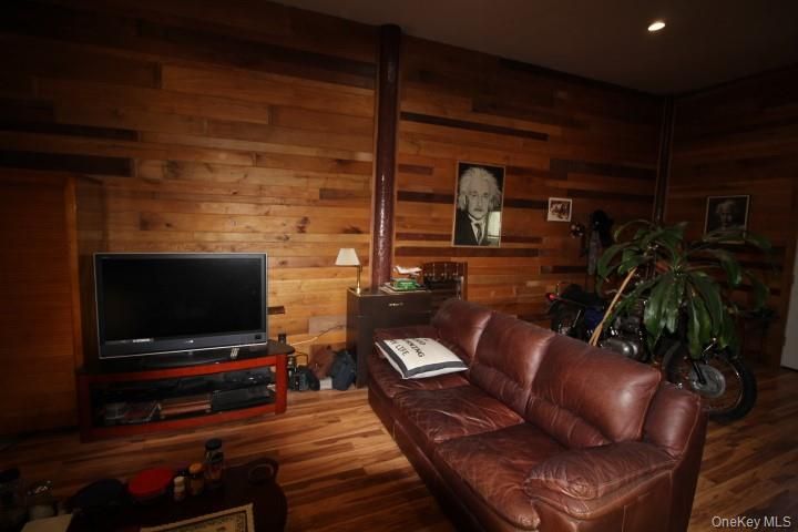 Interior, Living room, Recessed Lighting, Wood Texture Flooring, Wooden Walls
