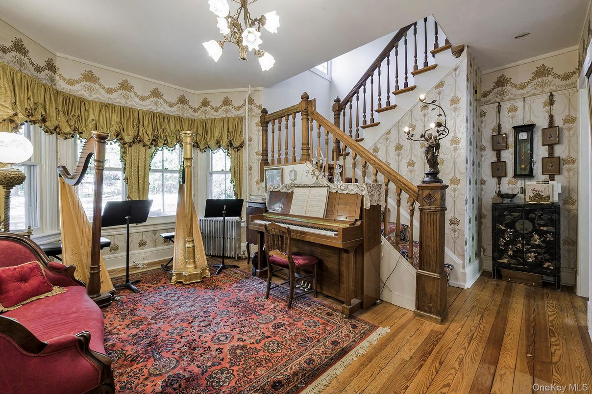 Chandelier, Interior, Piano, Wood Texture Flooring