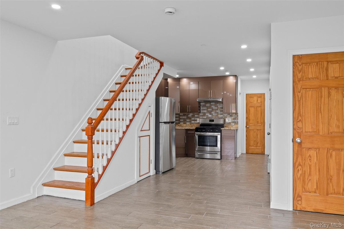 Interior, Kitchen, Recessed Lighting, Stainless Steel Appliances, Wood Texture Flooring