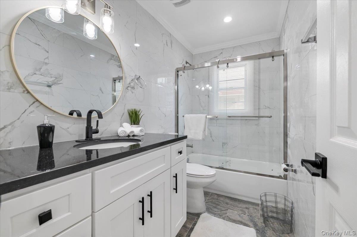 Bathroom, Glass Shower, Interior, Marble Walls, Recessed Lighting