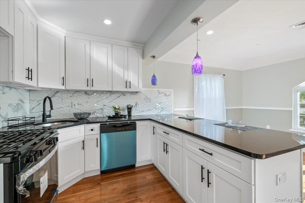 Interior, Kitchen, Marble Walls, Pendant Lights, Recessed Lighting, Wood Texture Flooring