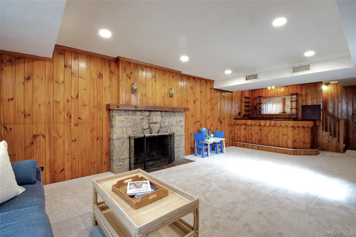 Fireplace, Interior, Living room, Recessed Lighting, Wooden Walls