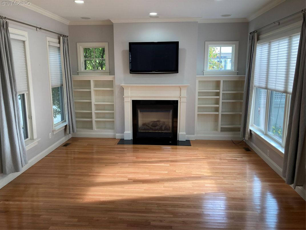 Empty room, Fireplace, Interior, Recessed Lighting, Wood Texture Flooring