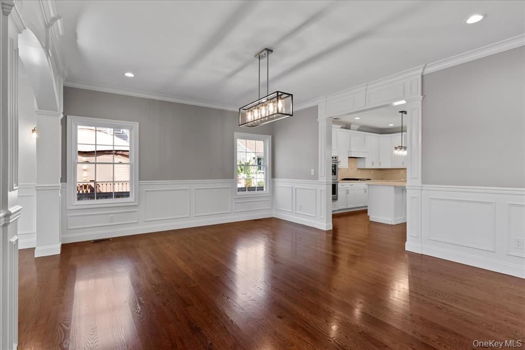 Empty room, Interior, Kitchen, Pendant Lights, Recessed Lighting, Wood Texture Flooring