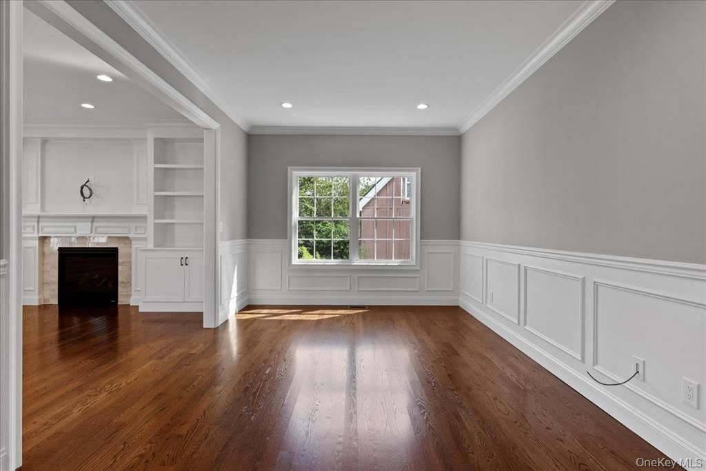 Empty room, Fireplace, Interior, Recessed Lighting, Wood Texture Flooring