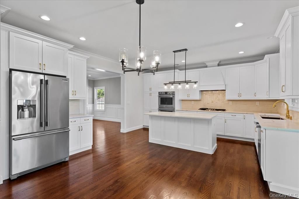 Chandelier, Interior, Kitchen, Pendant Lights, Recessed Lighting, Stainless Steel Appliances, Wood Texture Flooring