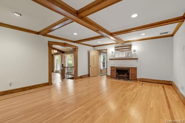 Empty room, Fireplace, Interior, Recessed Lighting, Wooden Beams, Wood Texture Flooring