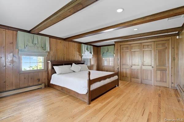 Bedroom, Interior, Recessed Lighting, Wooden Beams, Wood Texture Flooring, Wooden Walls