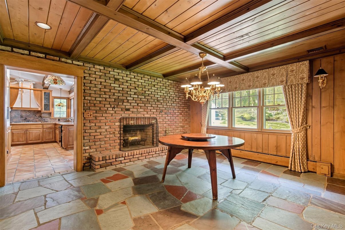 Chandelier, Fireplace, Interior, Recessed Lighting, Stone Walls, Wooden Beams, Wooden Ceilings, Wooden Walls