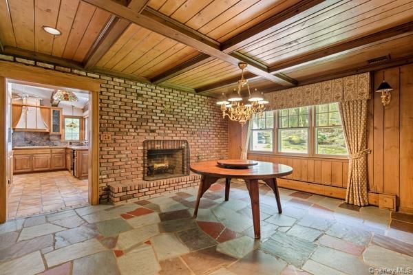 Chandelier, Fireplace, Interior, Recessed Lighting, Stone Walls, Wooden Beams, Wooden Ceilings, Wooden Walls