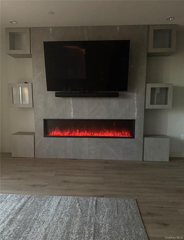 Fireplace, Interior, Recessed Lighting, Wood Texture Flooring