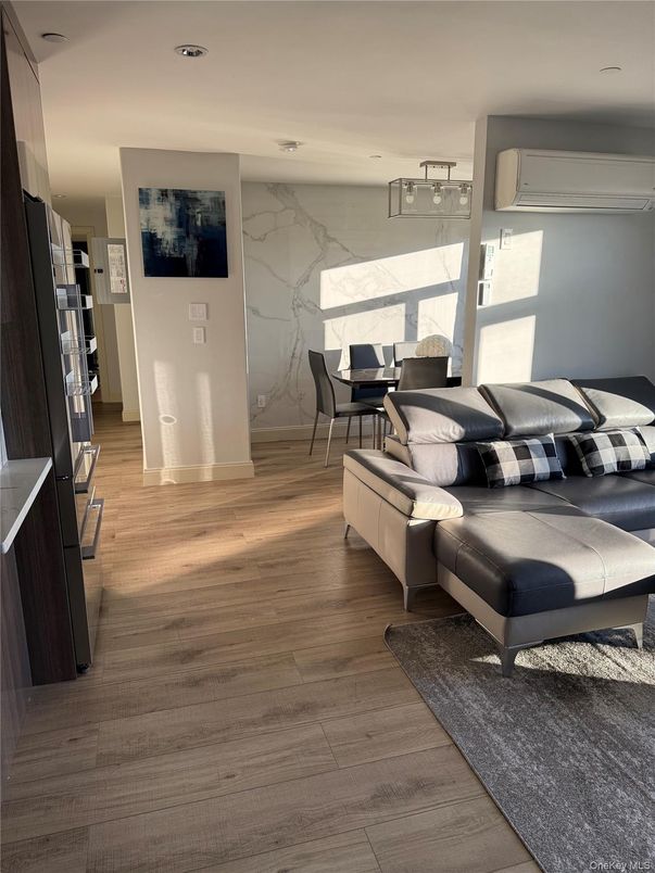 Dining room, Interior, Kitchen, Living room, Marble Walls, Recessed Lighting, Wood Texture Flooring