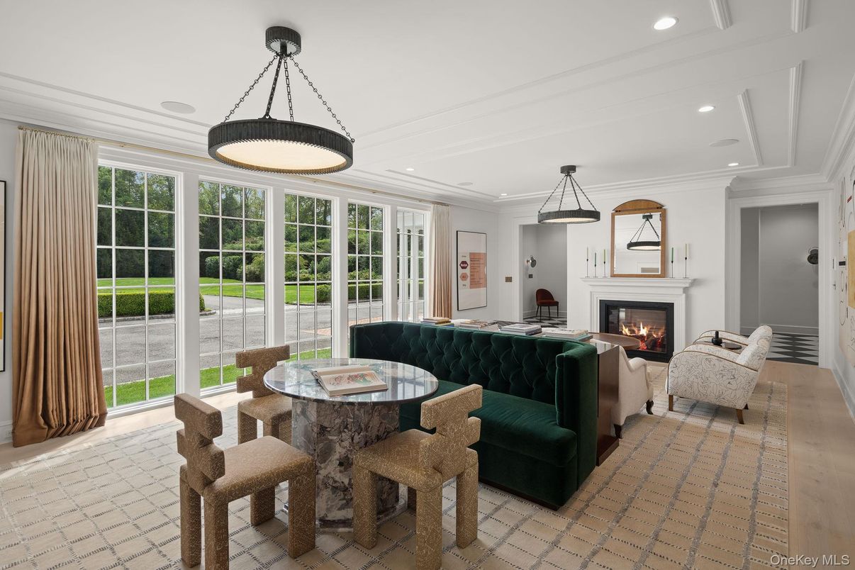 Dining room, Fireplace, Interior, Living room, Pendant Lights, Recessed Lighting