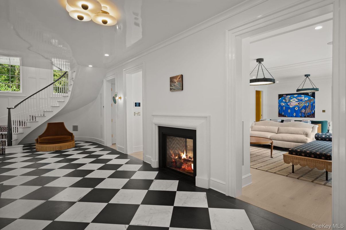 Fireplace, Interior, Marble, Pendant Lights, Recessed Lighting, Wood Texture Flooring
