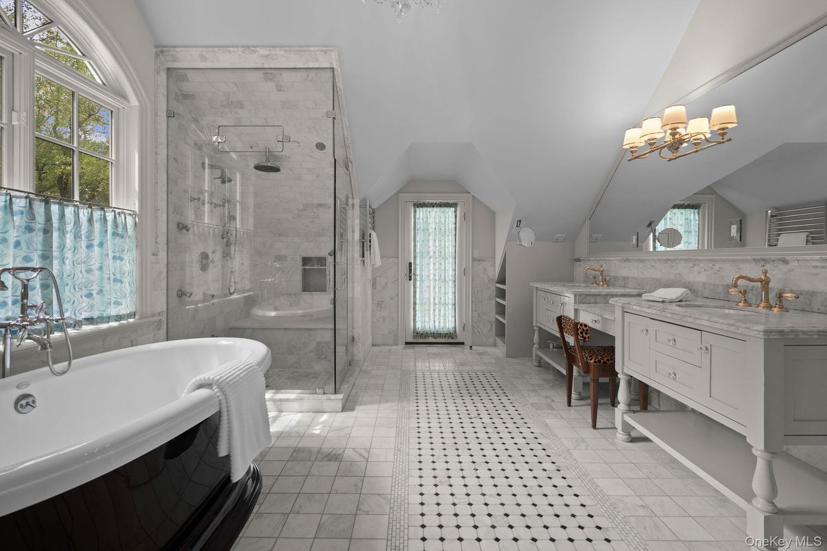Bathroom, Dual Sink Vanities, Free Standing Baths, Glass Shower, Interior, Marble Walls