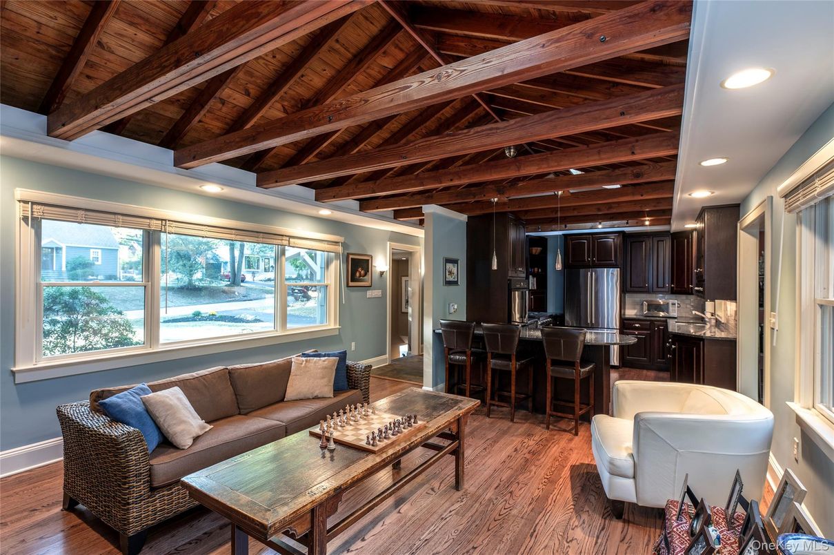 Interior, Kitchen, Living room, Pendant Lights, Recessed Lighting, Stainless Steel Appliances, Wooden Beams, Wooden Ceilings, Wood Texture Flooring