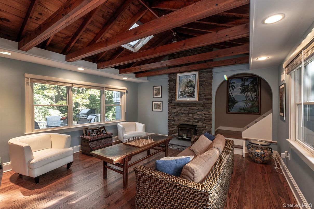 Fireplace, Interior, Living room, Recessed Lighting, Stone Walls, Wooden Beams, Wooden Ceilings, Wood Texture Flooring