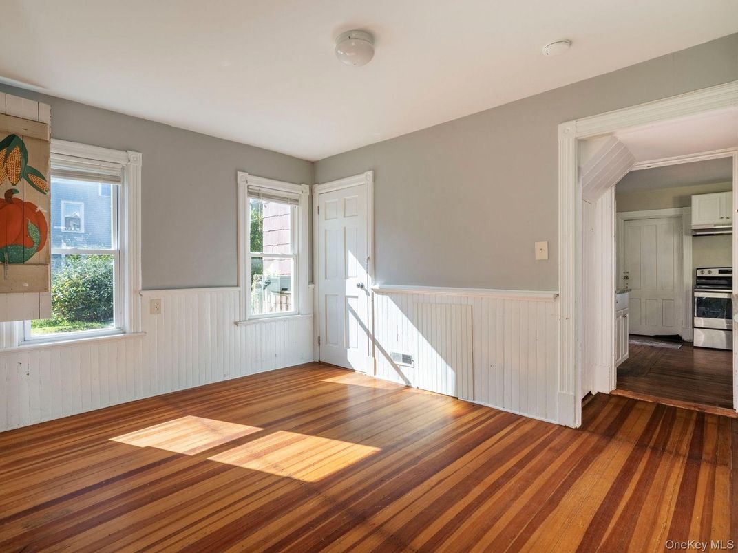 Empty room, Interior, Kitchen, Stainless Steel Appliances, Wood Texture Flooring