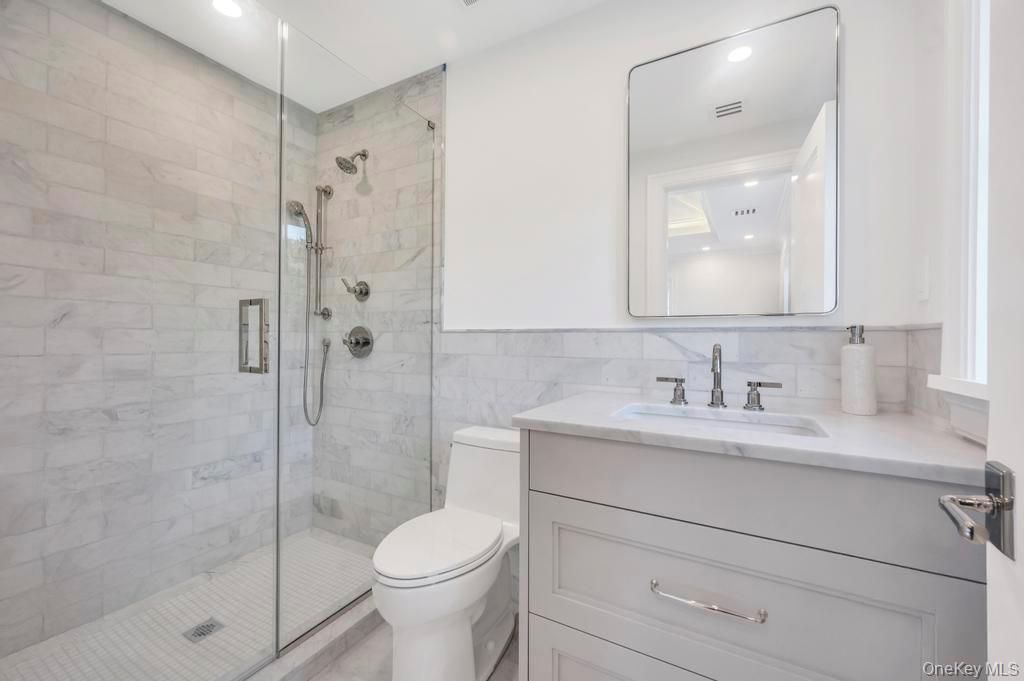 Bathroom, Glass Shower, Interior, Marble Walls, Recessed Lighting