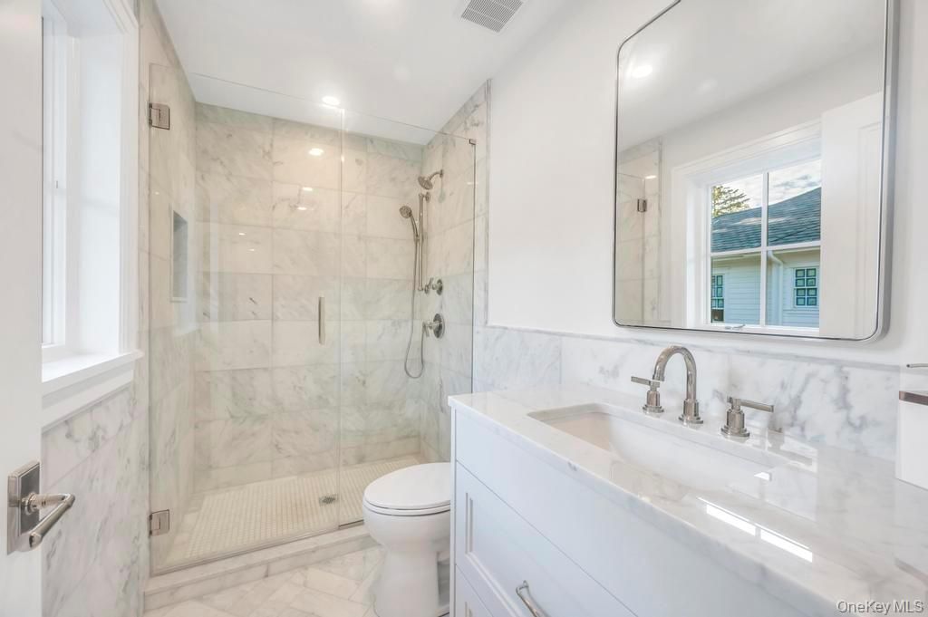 Bathroom, Glass Shower, Interior, Marble, Marble Walls, Recessed Lighting