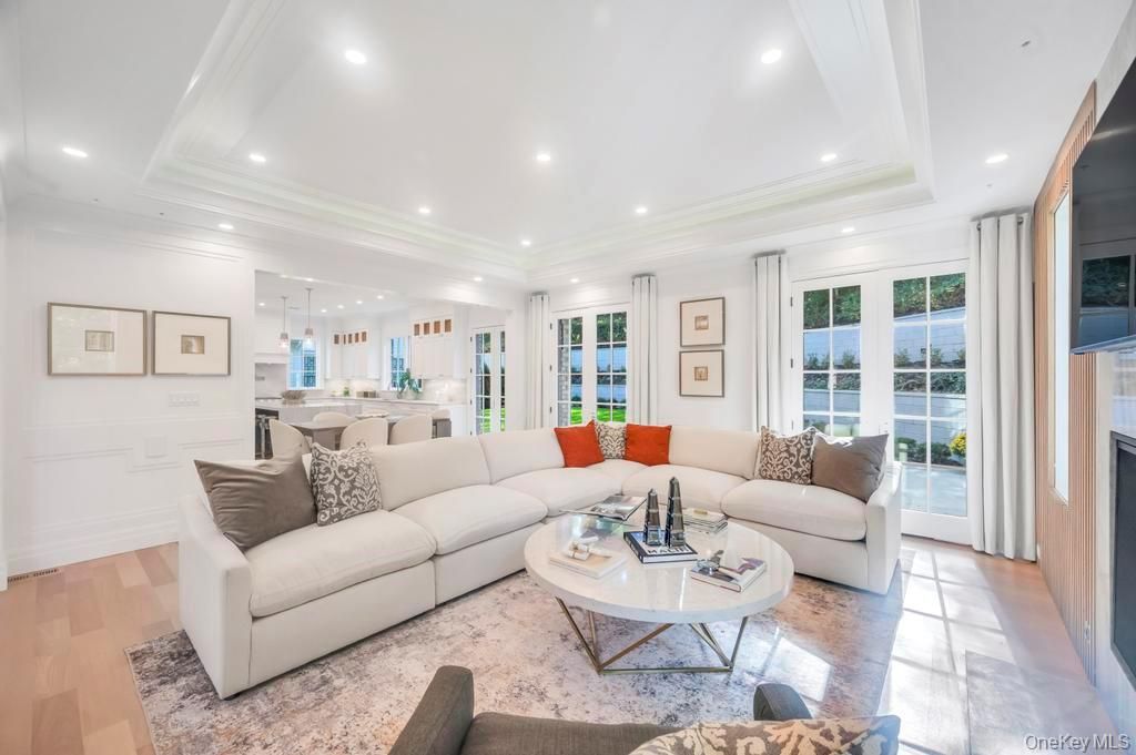 Dining room, Fireplace, Interior, Kitchen, Living room, Pendant Lights, Recessed Lighting, Wood Texture Flooring