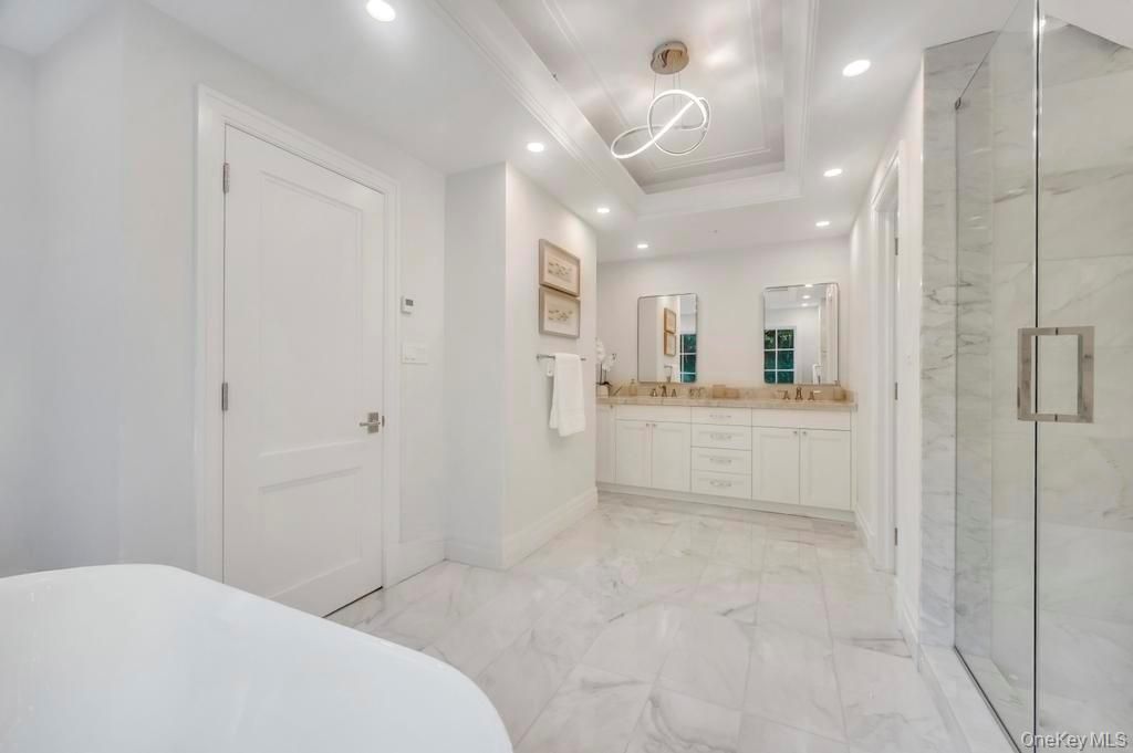 Bathroom, Dual Sink Vanities, Glass Shower, Interior, Marble, Pendant Lights, Recessed Lighting
