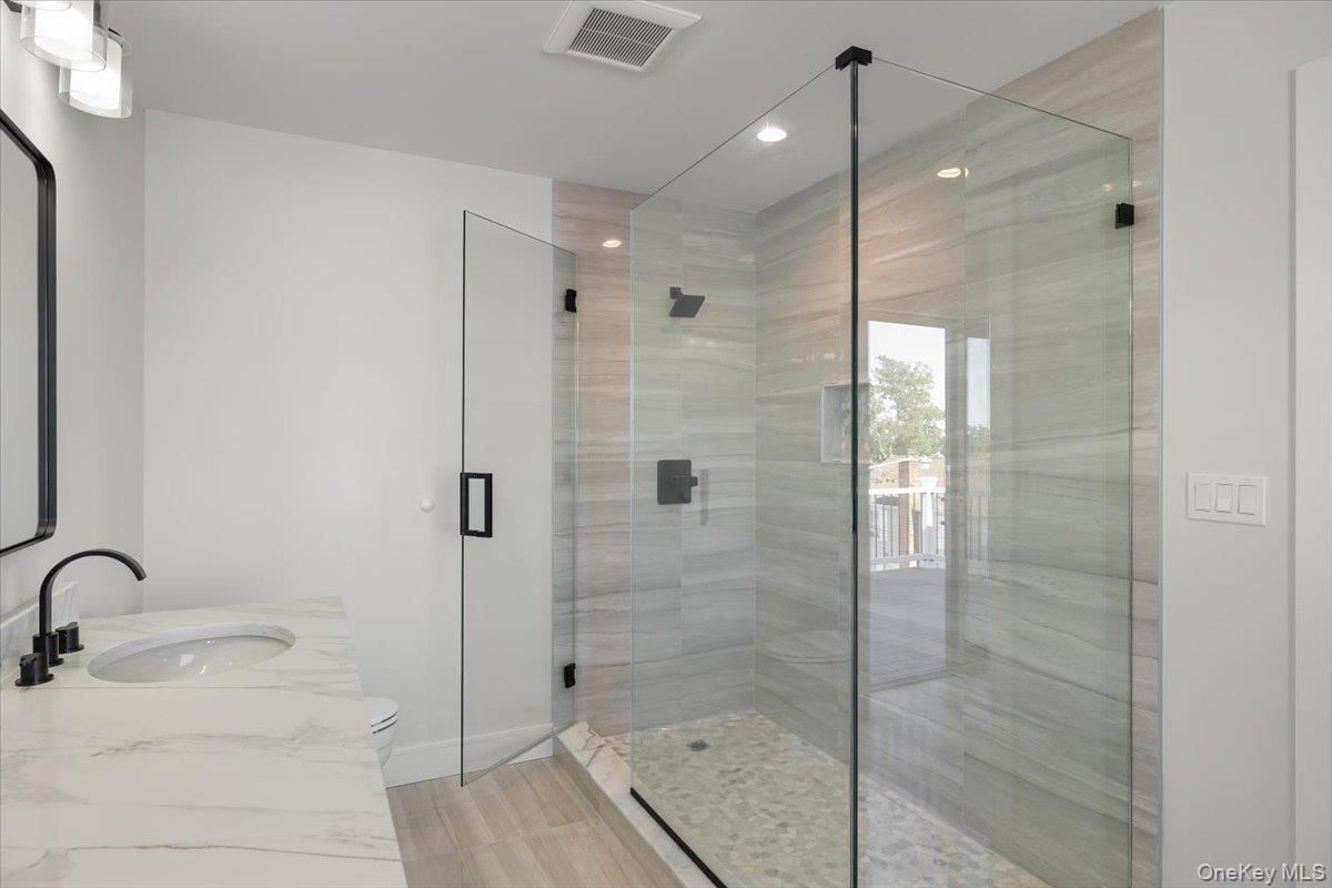 Bathroom, Glass Shower, Interior, Marble, Recessed Lighting
