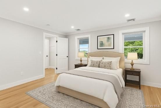 Bedroom, Interior, Recessed Lighting, Wood Texture Flooring