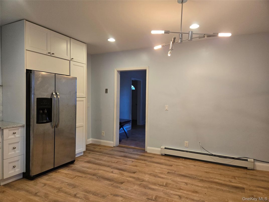 Empty room, Interior, Kitchen, Pendant Lights, Recessed Lighting, Wood Texture Flooring