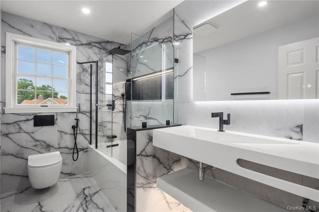 Bathroom, Glass Shower, Interior, Marble, Marble Walls, Recessed Lighting