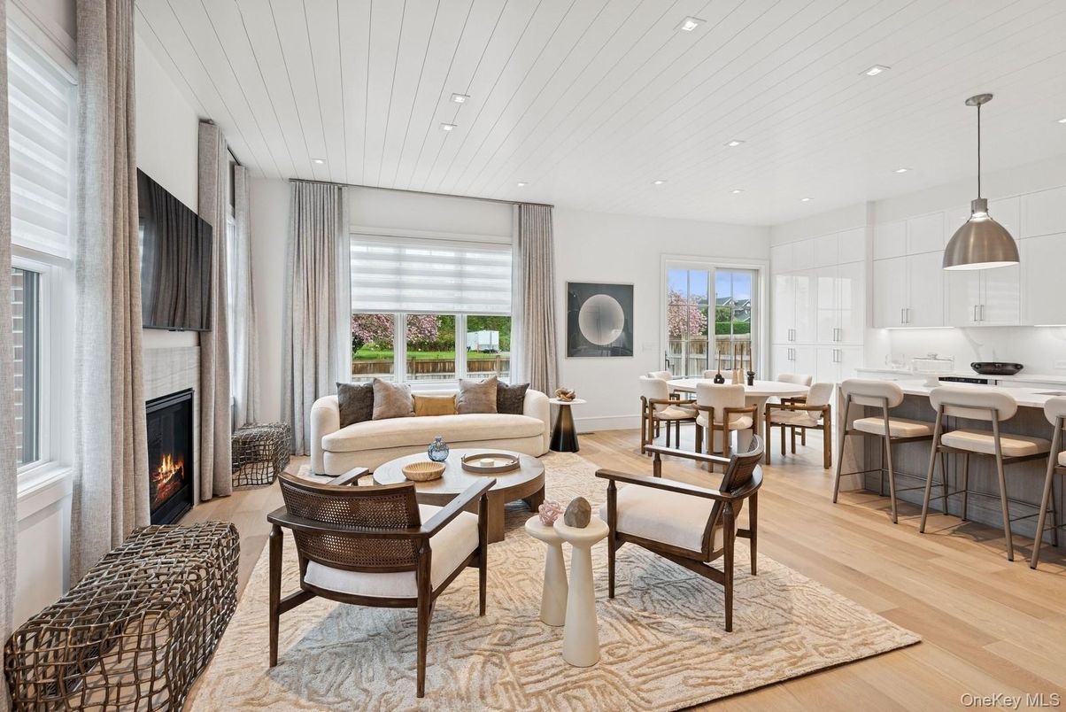 Dining room, Fireplace, Interior, Kitchen, Living room, Pendant Lights, Recessed Lighting, Wood Texture Flooring