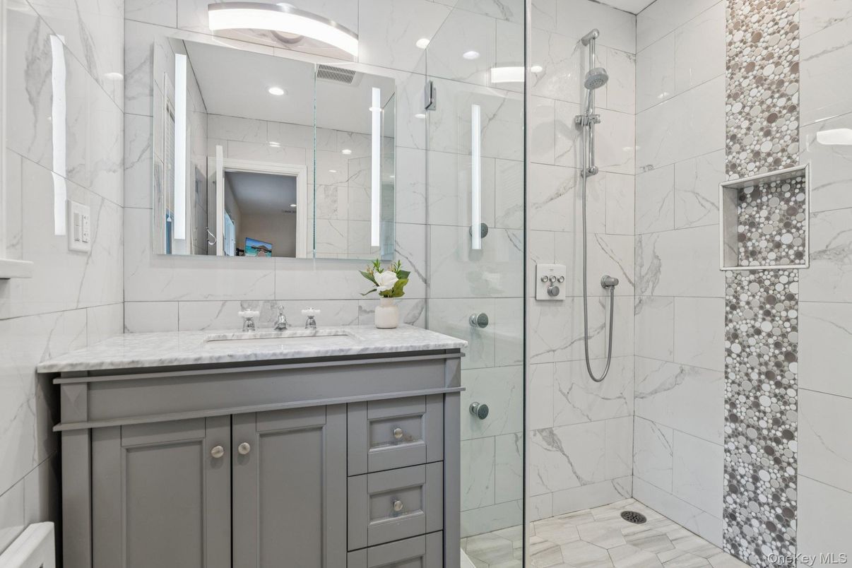 Bathroom, Glass Shower, Interior, Marble Walls, Recessed Lighting