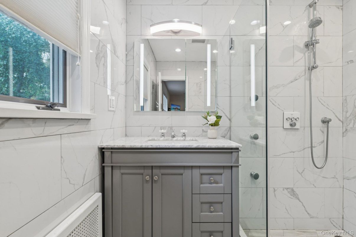Bathroom, Glass Shower, Interior, Marble Walls, Recessed Lighting