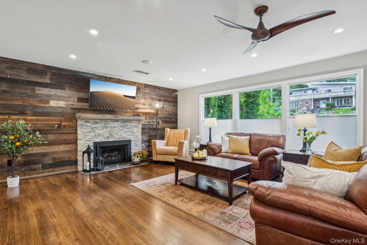 Fireplace, Interior, Living room, Recessed Lighting, Wood Texture Flooring, Wooden Walls