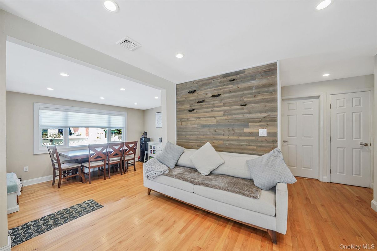 Dining room, Interior, Recessed Lighting, Wood Texture Flooring, Wooden Walls