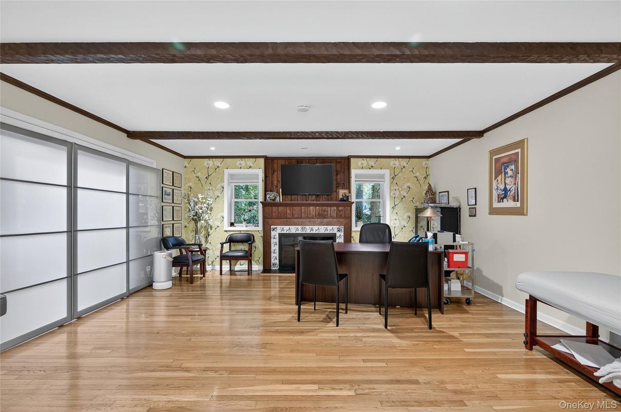 Fireplace, Home Office, Interior, Recessed Lighting, Wood Texture Flooring