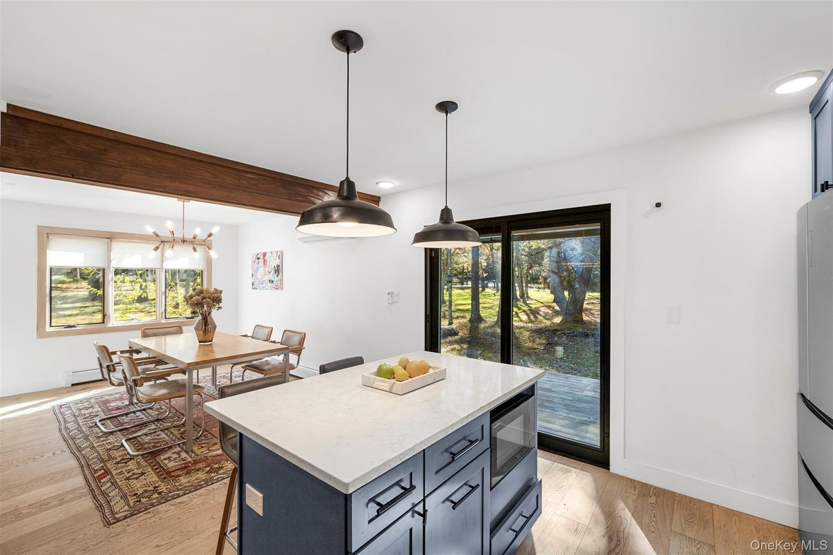 Dining room, Interior, Pendant Lights, Recessed Lighting, Wood Texture Flooring
